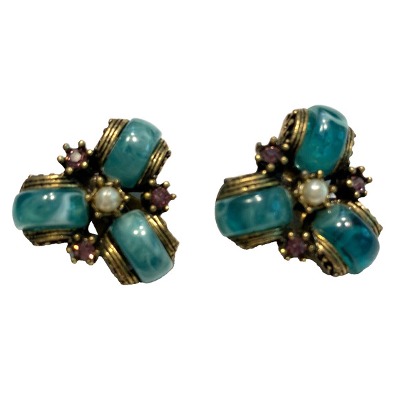 Vintage Mid Century Clip On Earrings Dressy Gold Green Purple Faux Pearl Beads - Picture 1 of 8